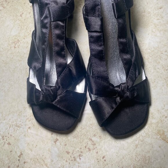 Black Satin Open-Toe Heels With Bow Detail & Adjustable Strap - 3-Inch Heel - Picture 8 of 9